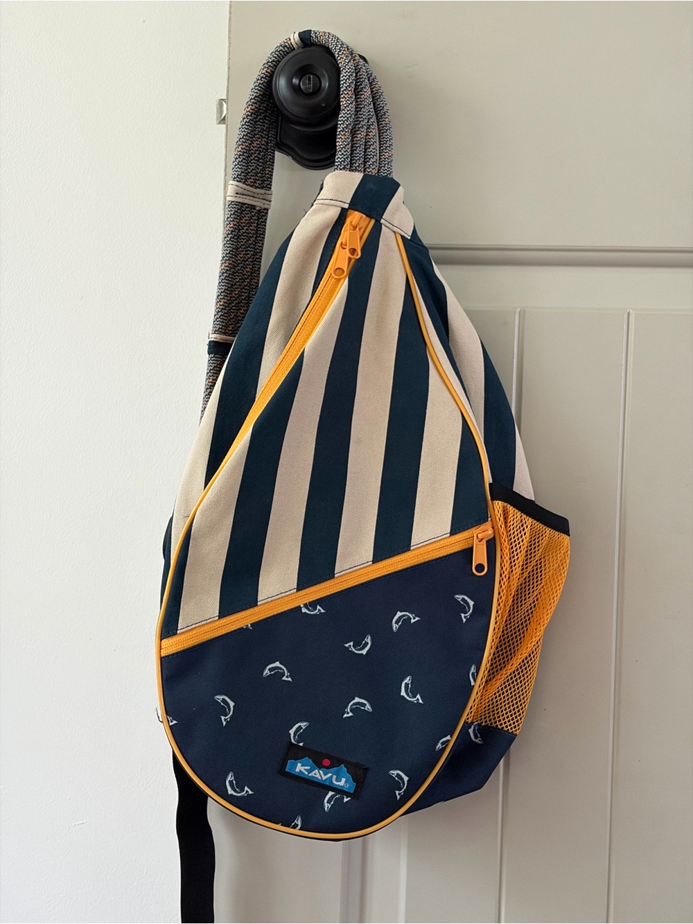 REI KAVU Rope Sack Sling Bag Navy Blue Striped Fish Trout Pattern Backpack